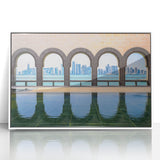 Art deco poster of Qatar scenery in muted tones on white framed acrylic, suitable for modern art wall decor.