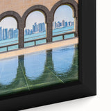 Close-up of extra large framed canvas featuring a textured, colorful Middle Eastern scenery, ideal for living room decor.