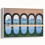Framed canvas of a vintage poster art depicting a colorful Middle Eastern Qatar scenery, ideal for living room decor.