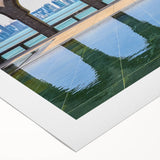 Art deco poster featuring a Qatar skyline in muted gold and blue tones, printed on rolled canvas.