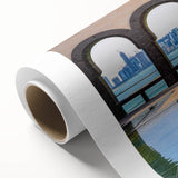 Art deco poster of a Qatar scenery in muted earth tones on rolled canvas, suitable for dining room decor.