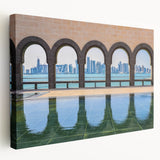 Panoramic view of a Middle Eastern skyline in muted earth tones on a large stretched canvas, suitable for kitchen wall art.