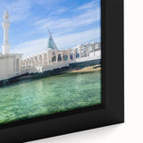 Extra large framed canvas featuring a textured, colorful depiction of a Middle Eastern scenery, ideal for living room decor.