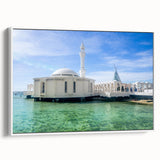 Vintage poster art of a Middle Eastern scenery on a framed canvas, featuring vibrant colors, ideal for living room decor.