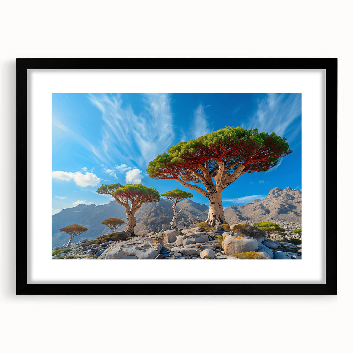 Abstract art print of a Middle Eastern landscape in vibrant colors on a large, framed canvas, suitable for living room decor.