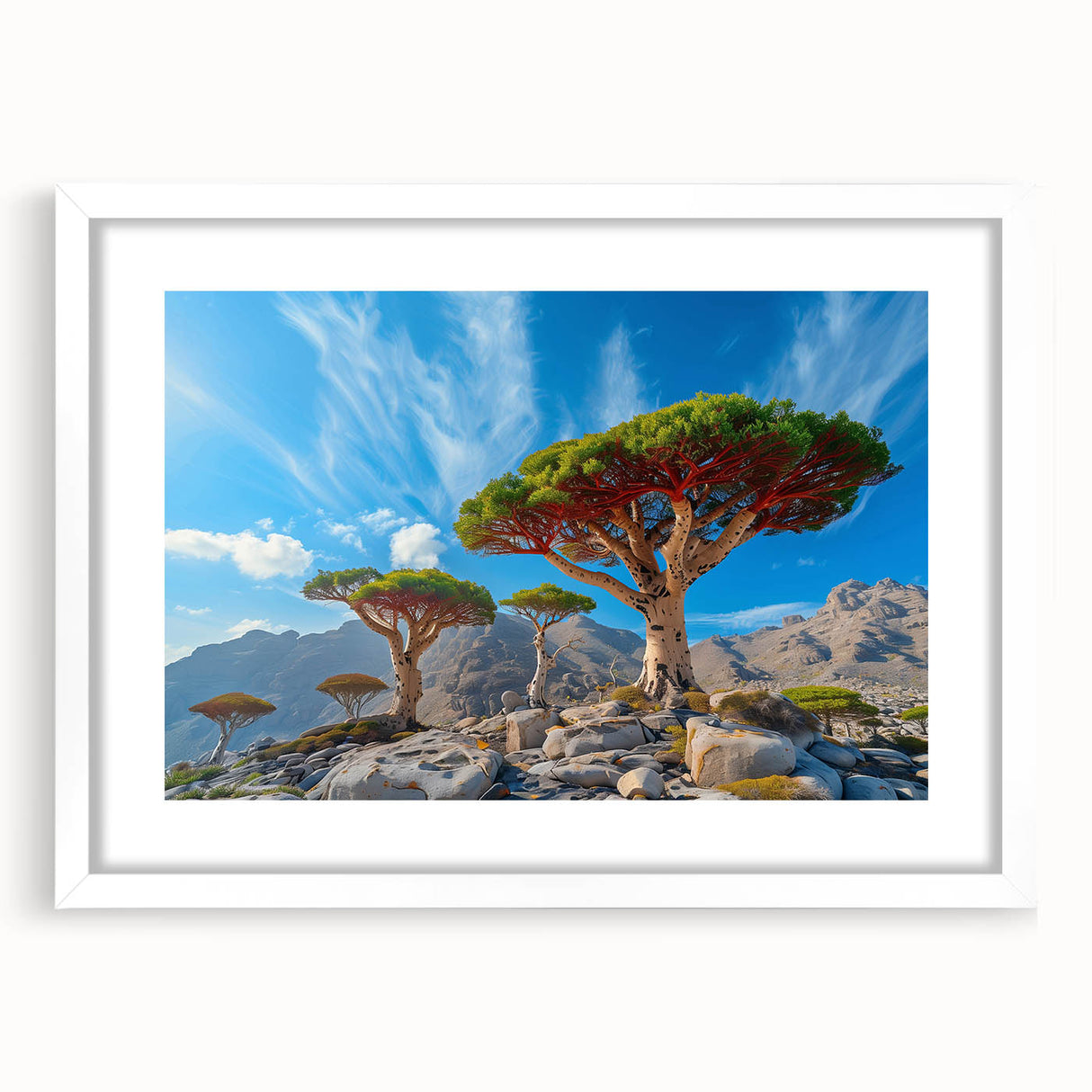 Abstract art print of a Middle Eastern landscape in muted earth tones on a white framed canvas.