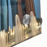 Large abstract wall art of Abu Dhabi skyline in muted blue and gray on acrylic glass, ideal for dining room art.