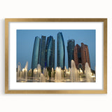 Extra large abstract art print of Abu Dhabi scenery in muted gold and beige tones on a framed canvas.