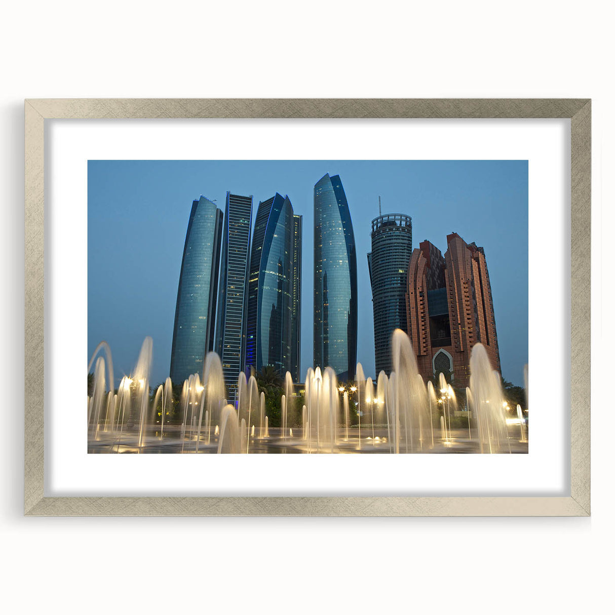 Textured art print of Abu Dhabi skyline in muted earth tones on a framed canvas, suitable for bedroom decor.