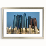 Textured art print of Abu Dhabi skyline in muted earth tones on a framed canvas, suitable for bedroom decor.