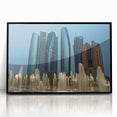 Large abstract wall art depicting the Abu Dhabi skyline in monochrome tones on a framed acrylic panel.