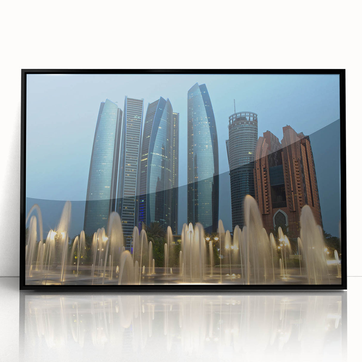 Large abstract wall art depicting the Abu Dhabi skyline in monochrome tones on a framed acrylic panel.