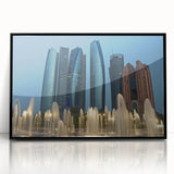 Large abstract wall art depicting the Abu Dhabi skyline in monochrome tones on a framed acrylic panel.