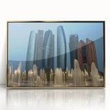 Mid-century modernist art of Abu Dhabi skyline in gold tones on framed acrylic, suitable for modern art wall decor.