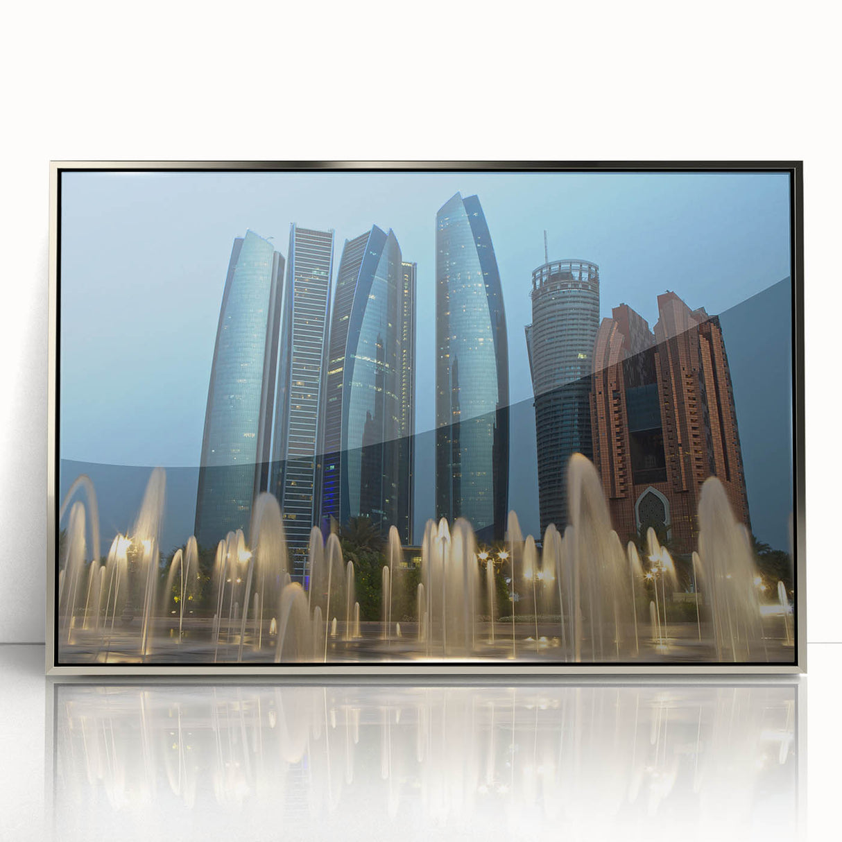 Mid-century modernist art of Abu Dhabi skyline in muted silver tones on a framed acrylic, ideal for modern art wall decor.