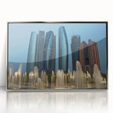 Mid-century modernist art of Abu Dhabi skyline in muted silver tones on a framed acrylic, ideal for modern art wall decor.