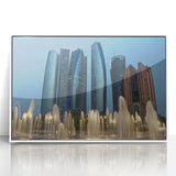 Art deco poster of Abu Dhabi skyline in muted gray and blue tones on framed acrylic, suitable for modern art wall decor.