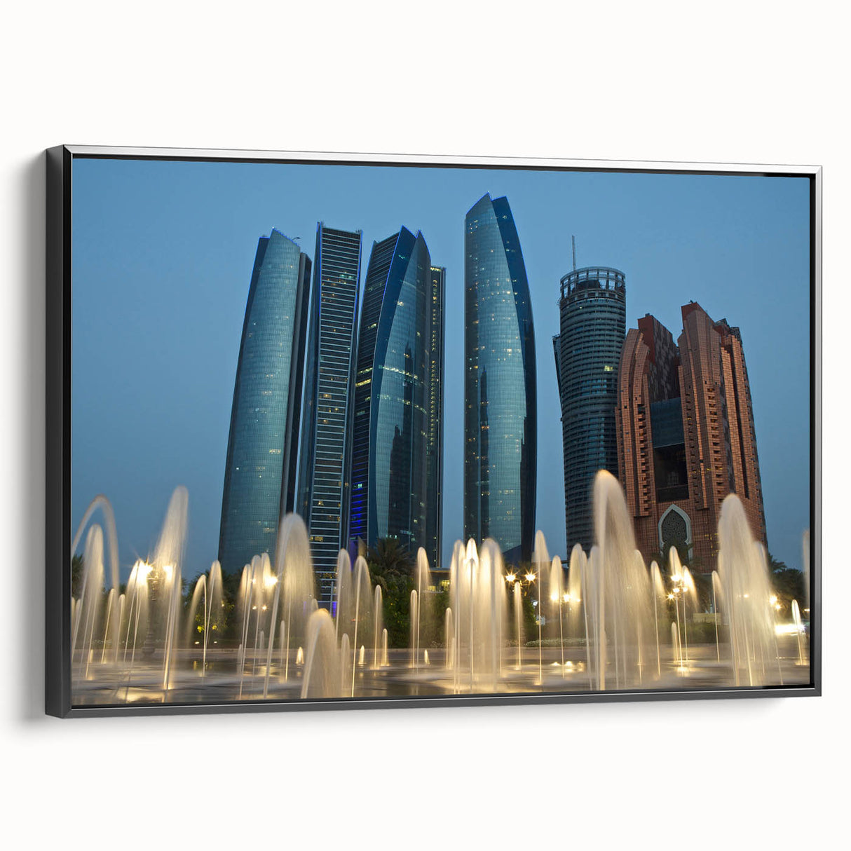 Black and white framed canvas of Abu Dhabi landscape, ideal for bedroom wall art.