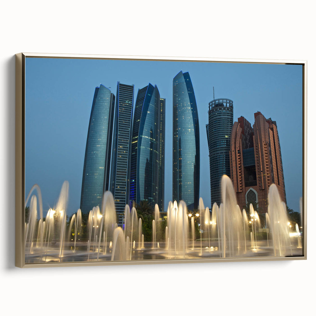 Framed canvas featuring a vintage-style landscape painting of Abu Dhabi, with muted gold and black tones.