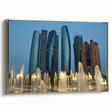 Framed canvas featuring a vintage-style landscape painting of Abu Dhabi, with muted gold and black tones.