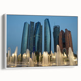 Vintage poster art of Abu Dhabi scenery on extra large framed canvas, featuring colorful art against a black background.