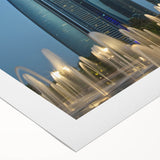Art Deco poster of Abu Dhabi skyline in muted gold and blue tones on rolled canvas, suitable for dining room wall art.