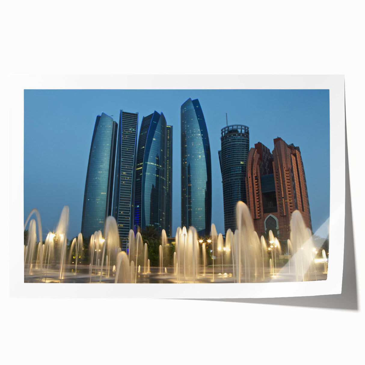 Extra large rolled print of Abu Dhabi scenery with vibrant green floral elements, ideal for dining room wall art.