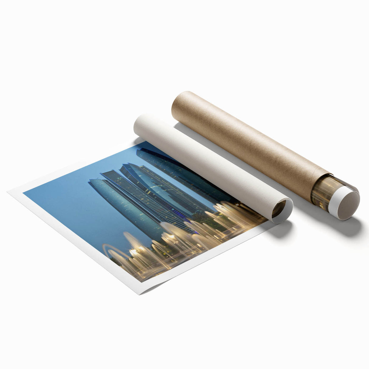 Extra large rolled print of Abu Dhabi skyline with soft pastel shades, ideal for classy bathroom wall art.