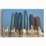 Black and white stretched canvas of Abu Dhabi skyline, ideal for kitchen wall art.