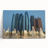 Black and white stretched canvas depicting the Abu Dhabi skyline, ideal for kitchen wall art or bedroom ambiance.