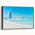 Black and white framed canvas of the Burj Al Arab in a vintage poster style, ideal for bedroom wall decor.