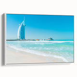 Vintage poster art of Burj Al Arab in colorful hues on a large framed canvas, suitable for living room decor.