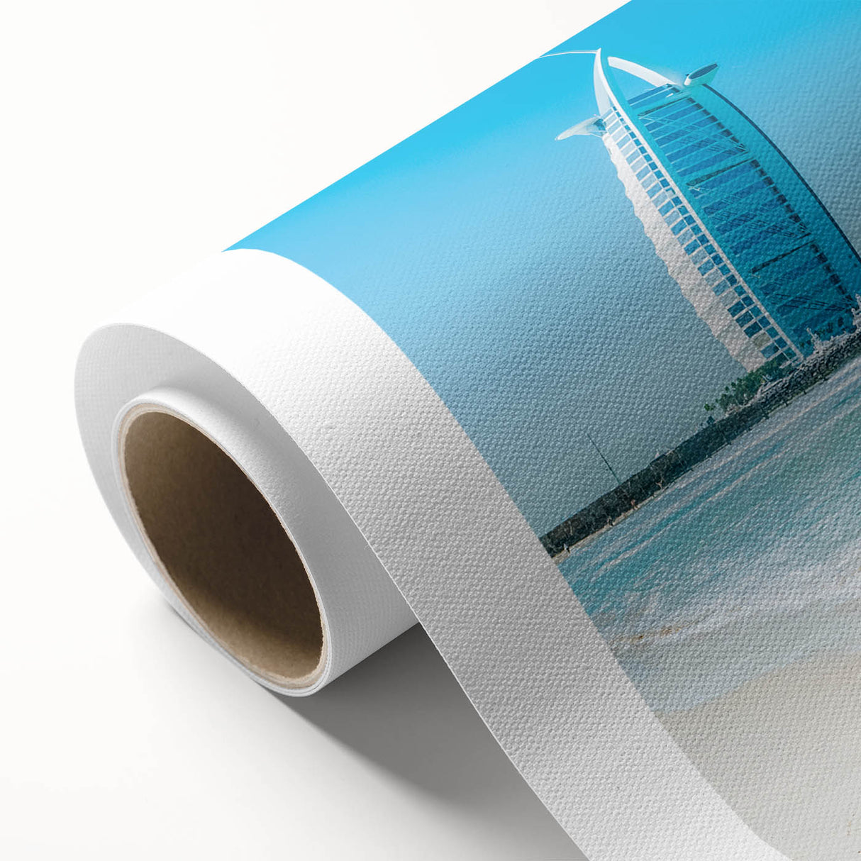 Art deco poster of the Burj Al Arab in muted gold and blue tones on rolled canvas, ideal for nursery wall art.