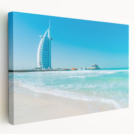 Large art print of the Burj Al Arab, rendered in muted blue and grey tones on stretched canvas.