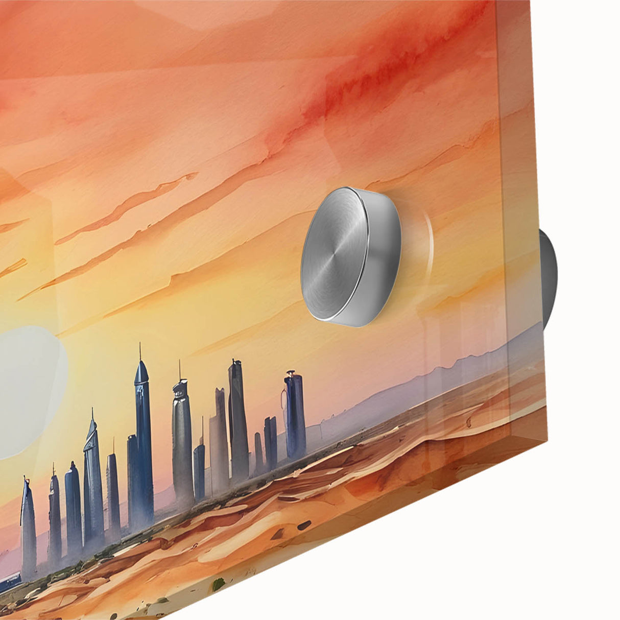 Large abstract depiction of the Burj Khalifa in muted gray and blue tones on an acrylic print, ideal for dining room art.