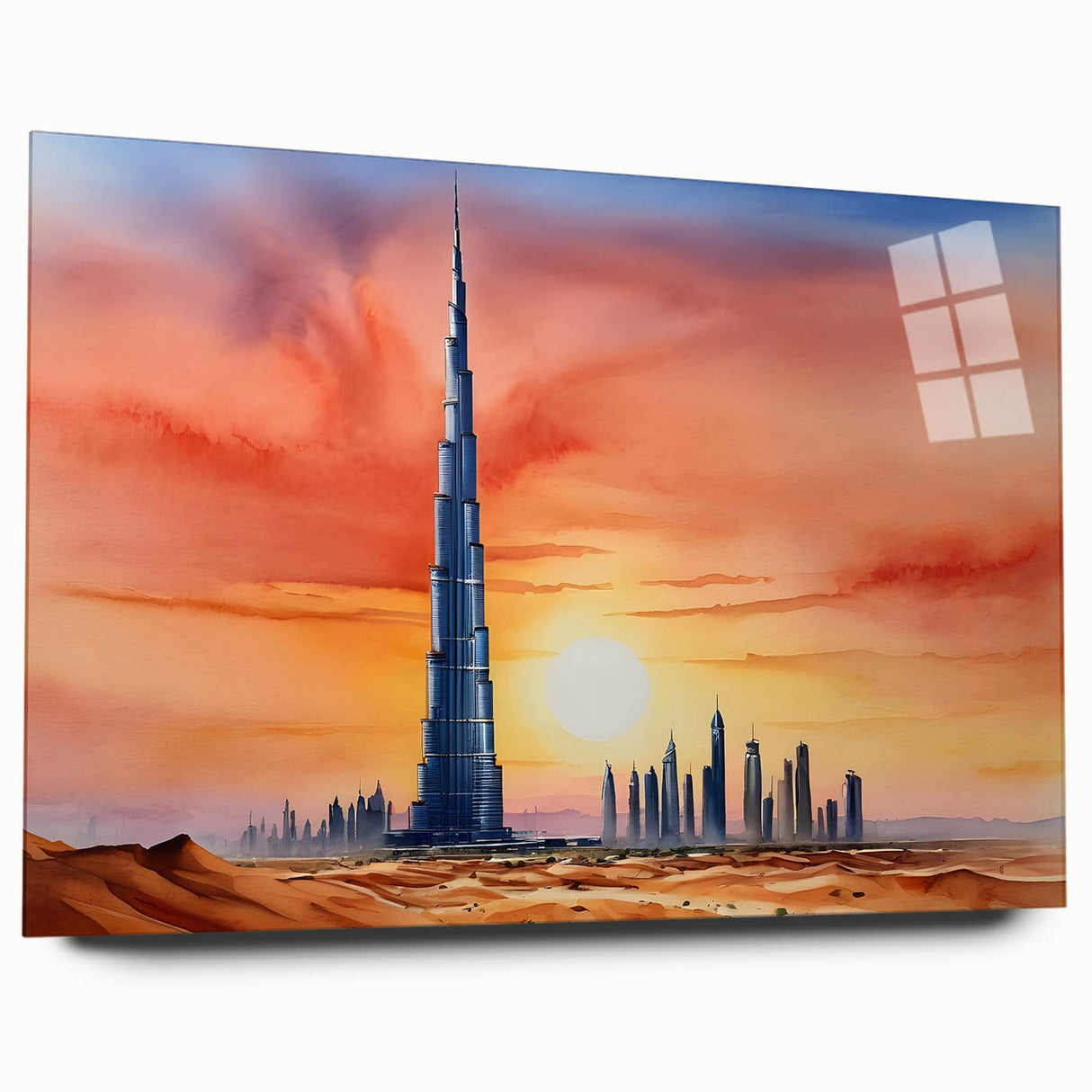 Side view of a large abstract depiction of the Burj Khalifa on acrylic glass, using cool blue and gray tones.