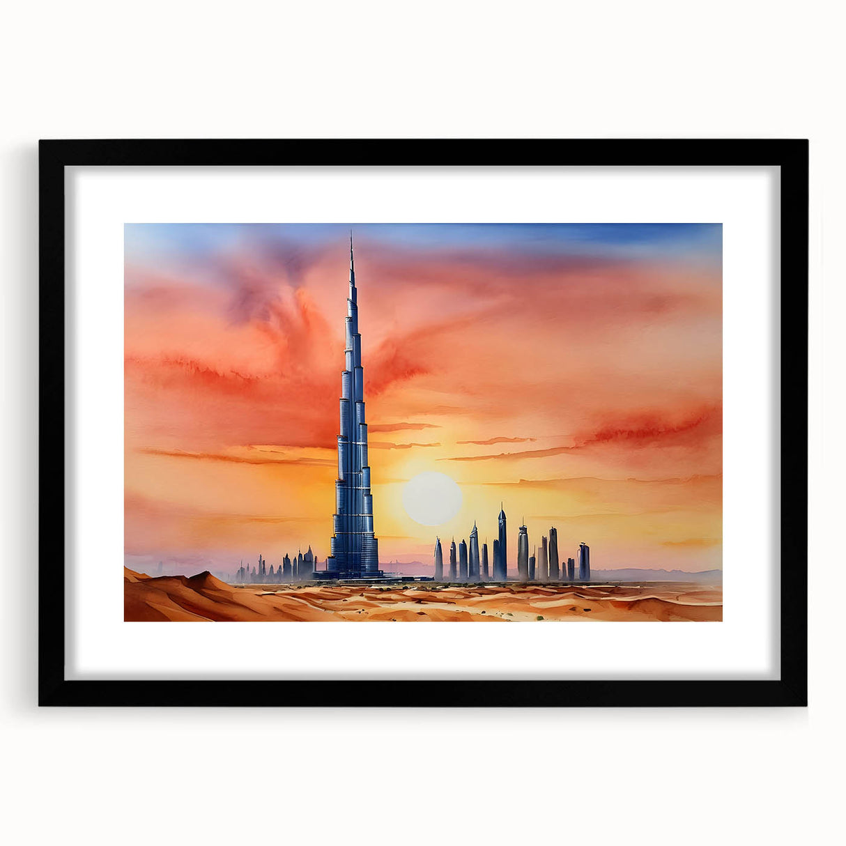 Colorful abstract art print of Burj Khalifa with textured design, in a black frame, ideal for living room decor.