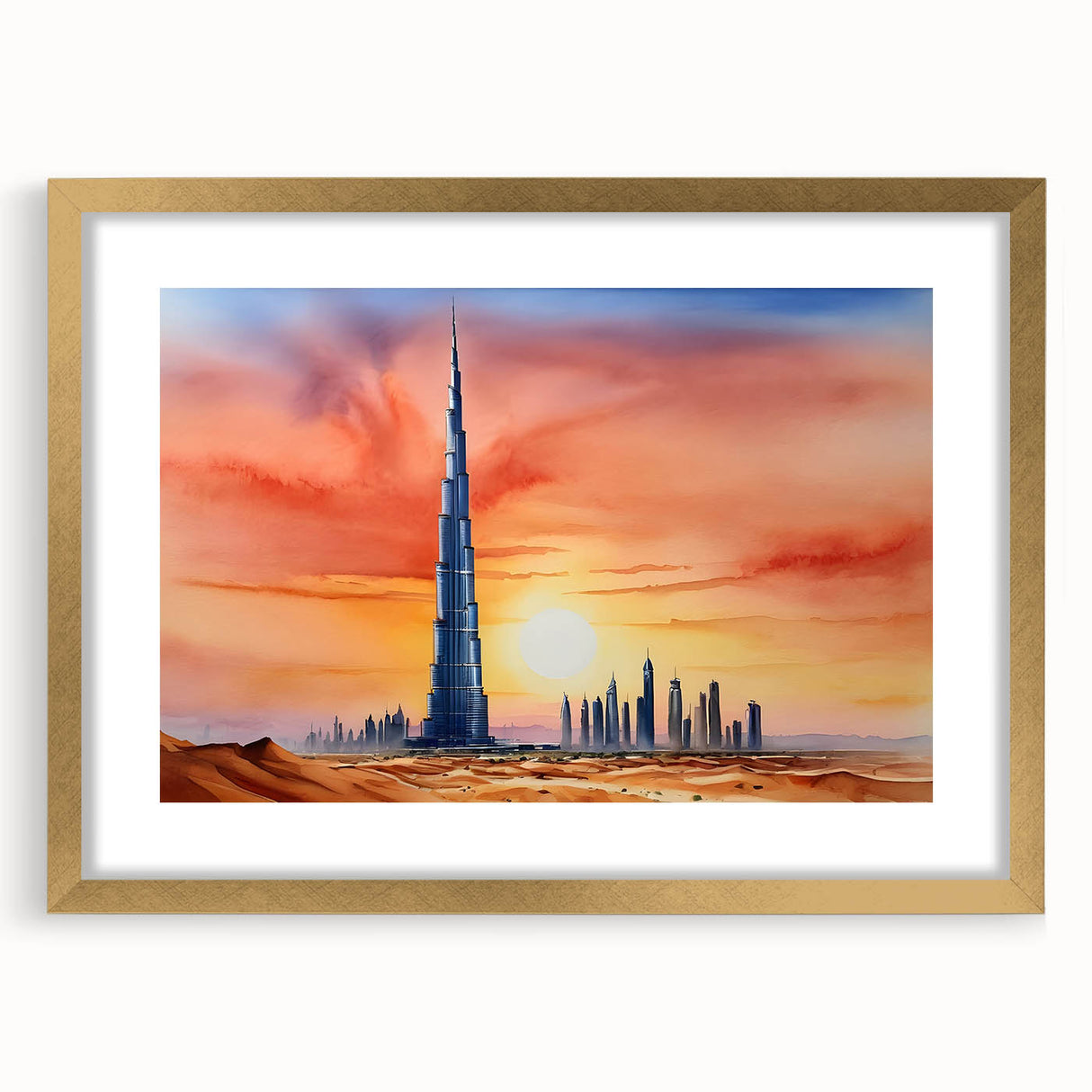 Extra large wall art featuring an abstract print of Burj Khalifa in gold and black tones on a textured canvas.