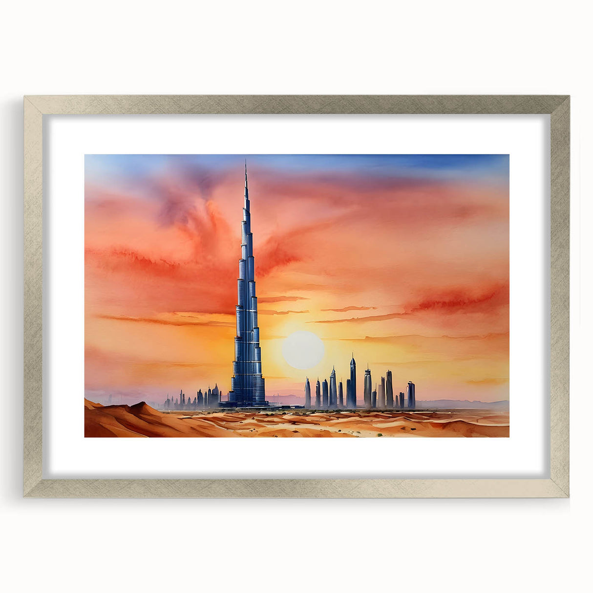 Textured art print of the Burj Khalifa in muted silver and gray tones on a framed canvas, suitable for bedroom art.