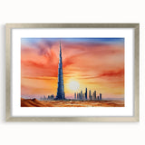 Textured art print of the Burj Khalifa in muted silver and gray tones on a framed canvas, suitable for bedroom art.