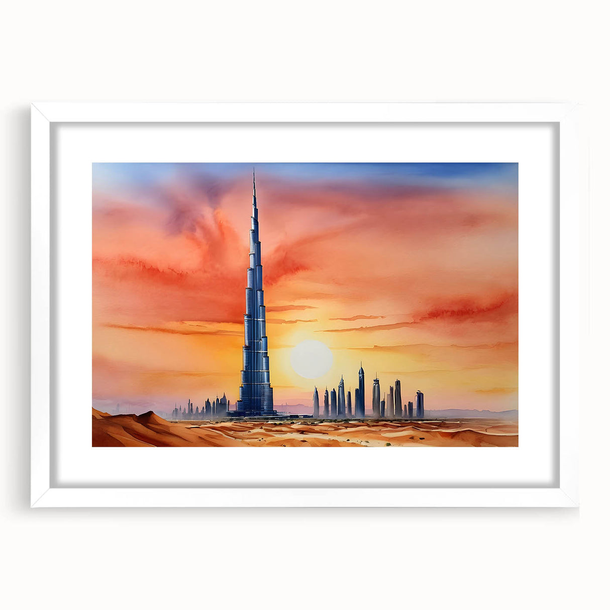Abstract art print of the Burj Khalifa in muted gray and blue tones, framed with a white mat.