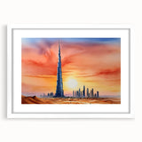 Abstract art print of the Burj Khalifa in muted gray and blue tones, framed with a white mat.