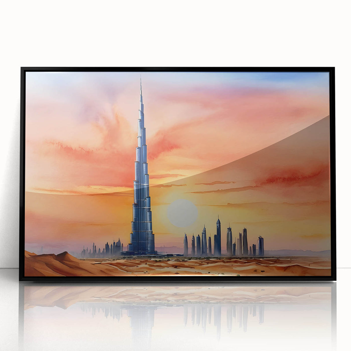 Large abstract wall art of Burj Khalifa in muted gray tones on a framed acrylic, ideal for modern office decor.