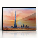 Large abstract wall art of Burj Khalifa in muted gray tones on a framed acrylic, ideal for modern office decor.
