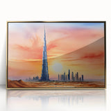 Framed acrylic print of the Burj Khalifa in gold tones, ideal for modern art wall decor.