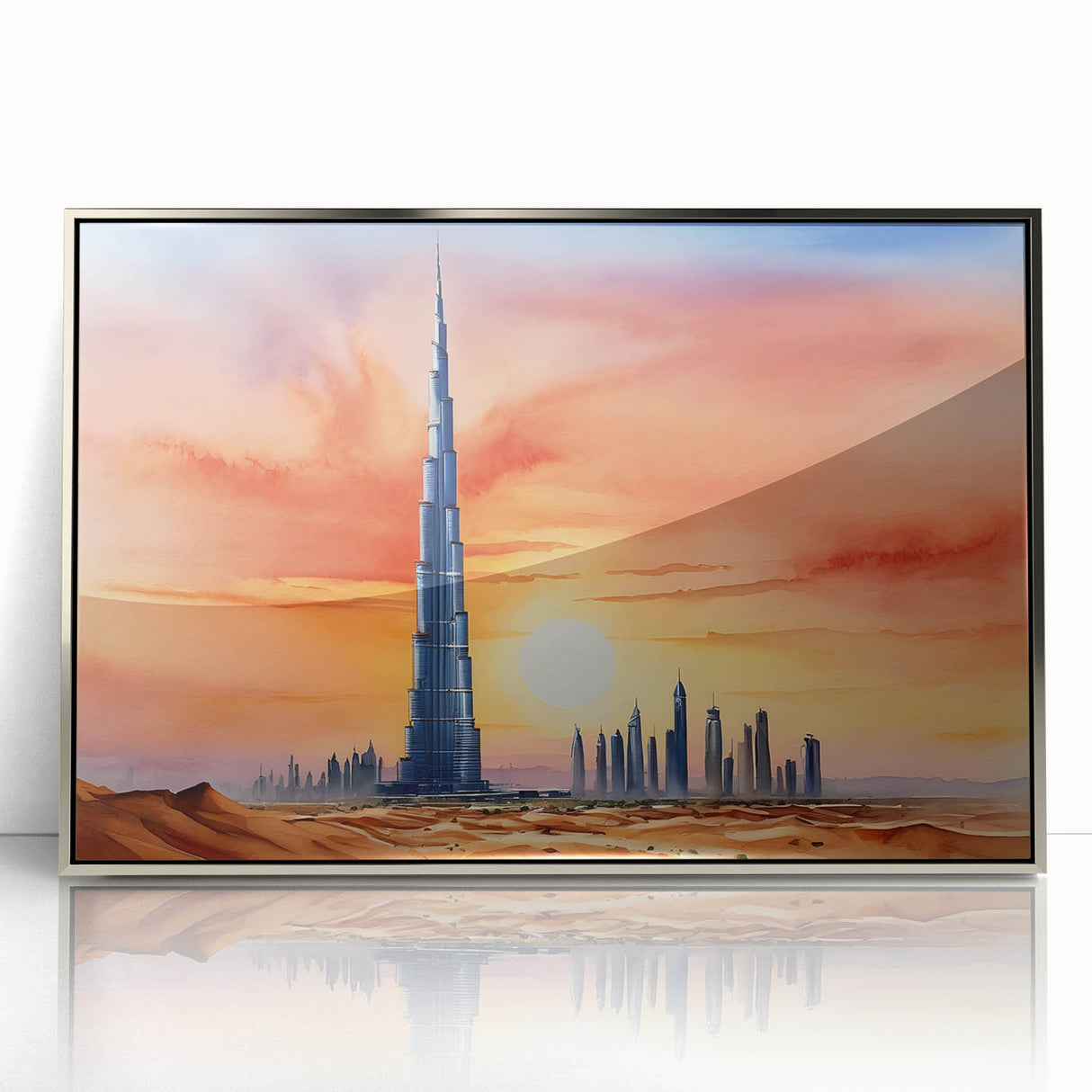 Mid-century modernist art of the Burj Khalifa in muted metallic tones, acrylic print framed in silver.