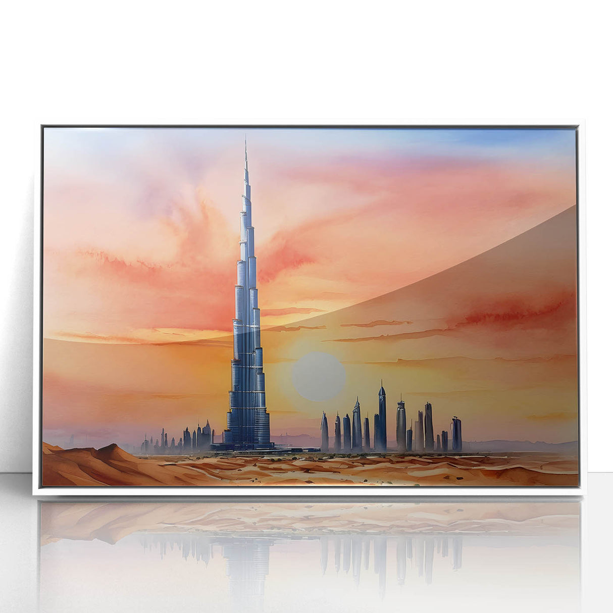Acrylic print of the Burj Khalifa set against a white backdrop, in art deco style, suitable for modern art wall decor.