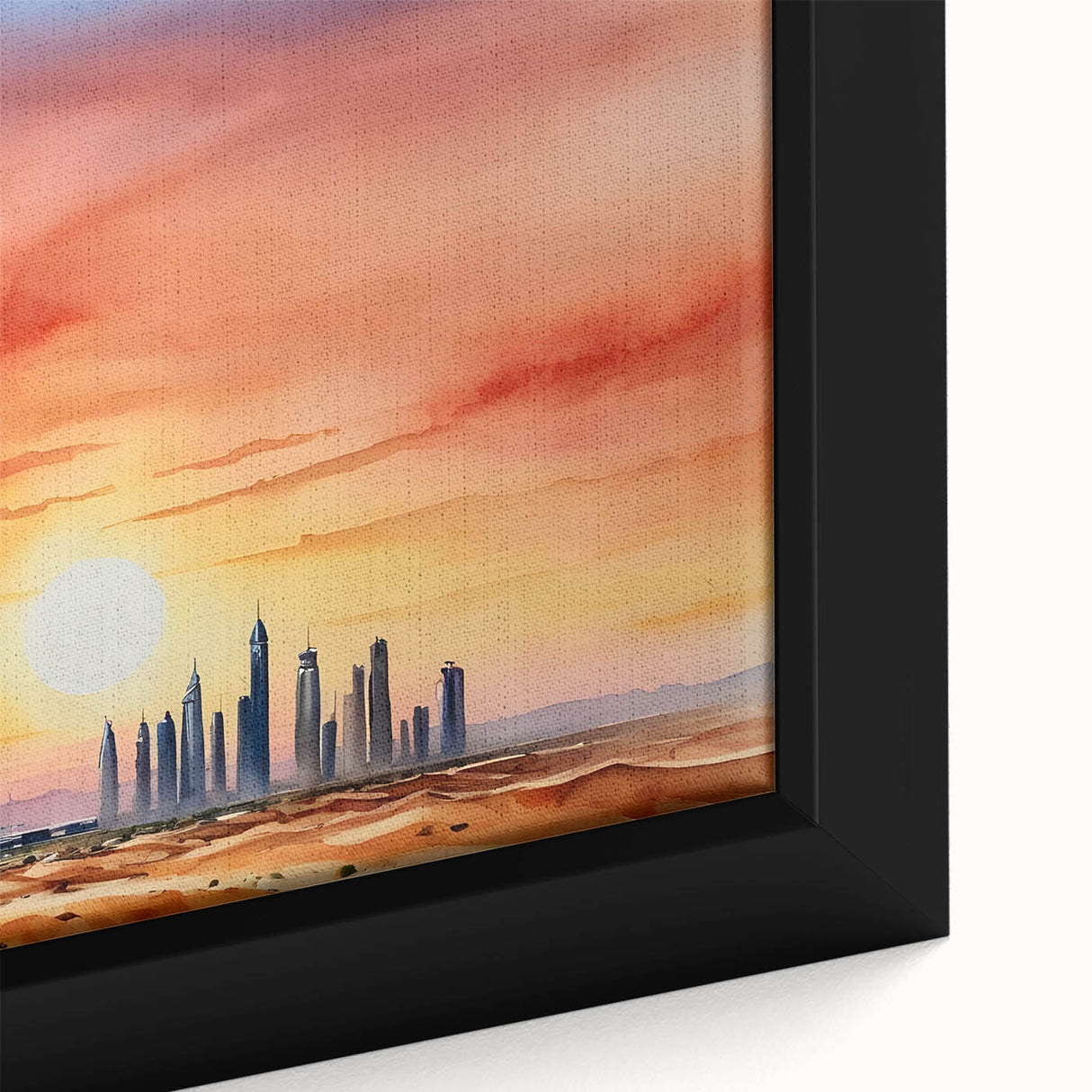 Black wall art featuring a textured close-up of Burj Khalifa with colorful accents on a framed canvas.