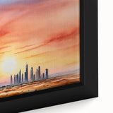 Black wall art featuring a textured close-up of Burj Khalifa with colorful accents on a framed canvas.