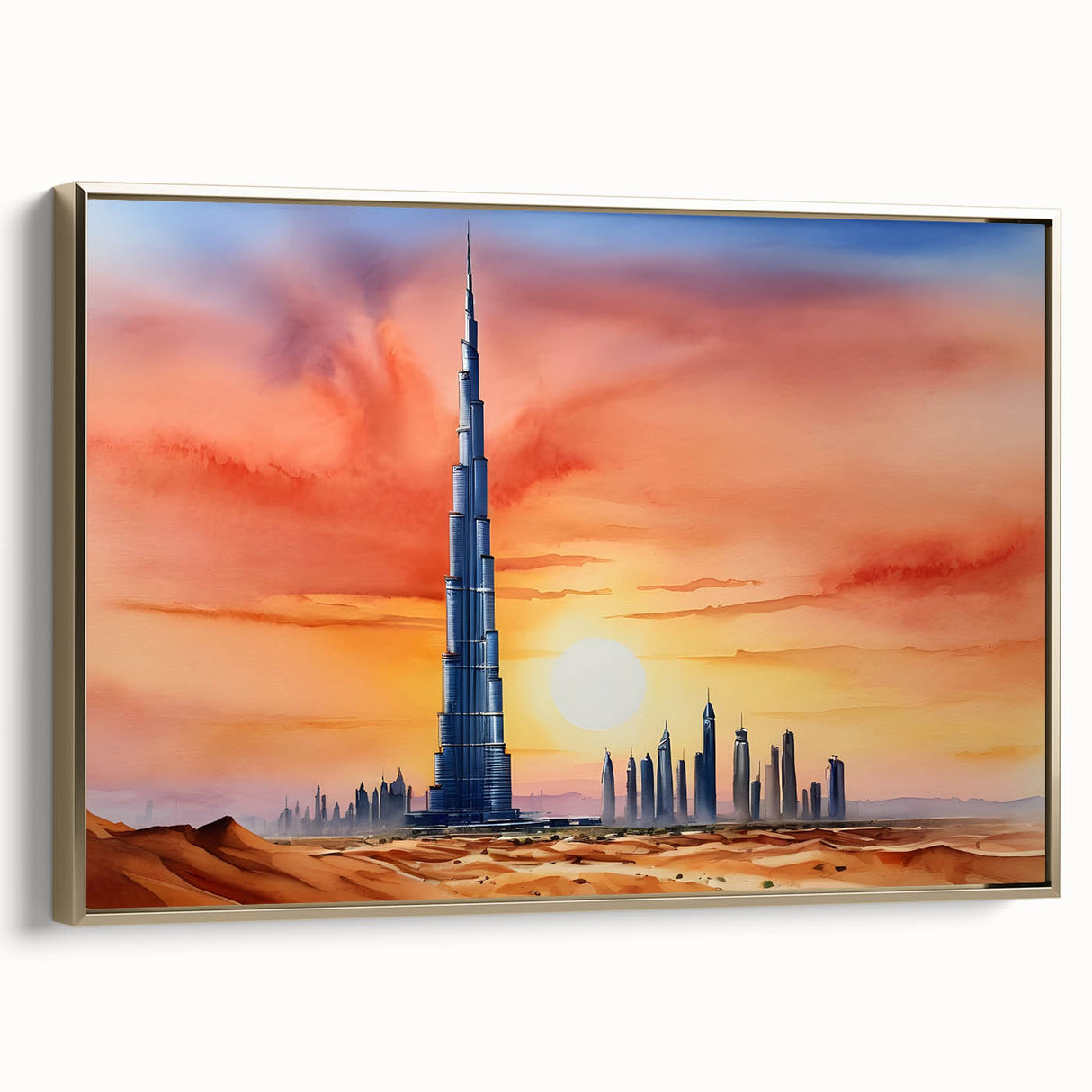 Framed canvas depicting the Burj Khalifa amid a black and gold landscape, ideal for bedroom wall decor.